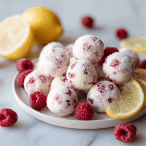 Lemon Raspberry Frozen Yogurt Bites – Easy Summer Treat 2 Lemon raspberry frozen yogurt bites on a plate