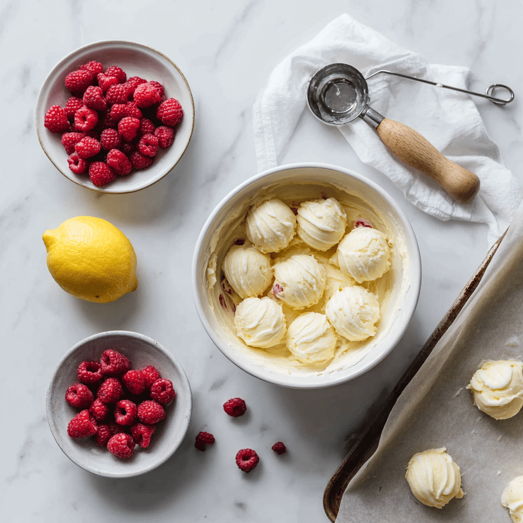 Lemon Raspberry Frozen Yogurt Bites – Easy Summer Treat 4 A top-down view of the process of making lemon raspberry yogurt bites. A bowl of the creamy yogurt mixture is surrounded by fresh raspberries, a lemon, and a parchment-lined baking sheet.