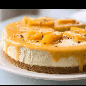 Mango Cheesecake Recipe: 1 Easy, Creamy No-Bake Delight 2 mango cheesecake recipe whole cake on table