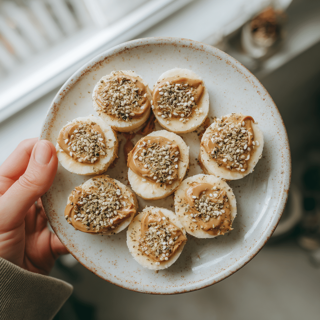 Banana with Peanut Butter and Hemp Seeds: 3 Powerful Snack Ideas 12 Spreading peanut butter on banana slices with hemp seeds