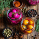 How to Make Perfect Pickled Eggs, Two Ways (Classic Beet & Spicy Kimchi) 12 Beet and kimchi pickled eggs in glass jars