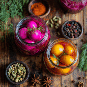 How to Make Perfect Pickled Eggs, Two Ways (Classic Beet & Spicy Kimchi) 3 Beet and kimchi pickled eggs in glass jars