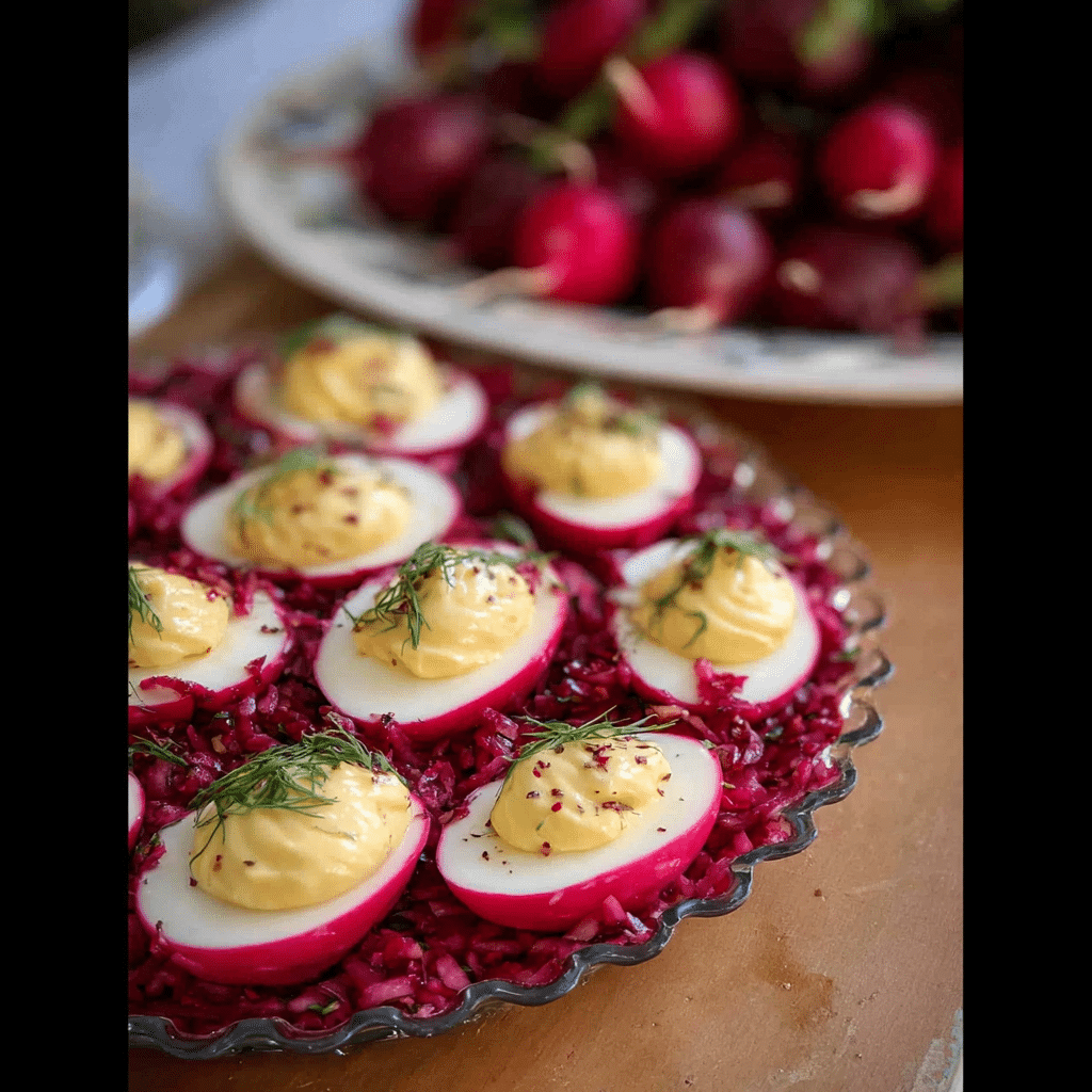 How to Make Perfect Pickled Eggs, Two Ways (Classic Beet & Spicy Kimchi) 13 Beet pickled deviled eggs with garnish
