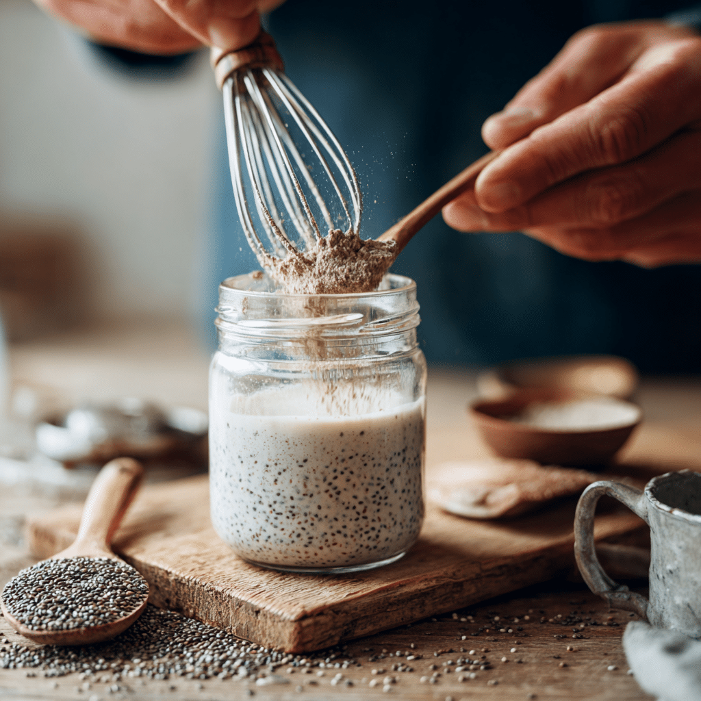 The Ultimate Chia Protein Pudding (4 Ways!) 13 whisking chia protein pudding mixture in a jar