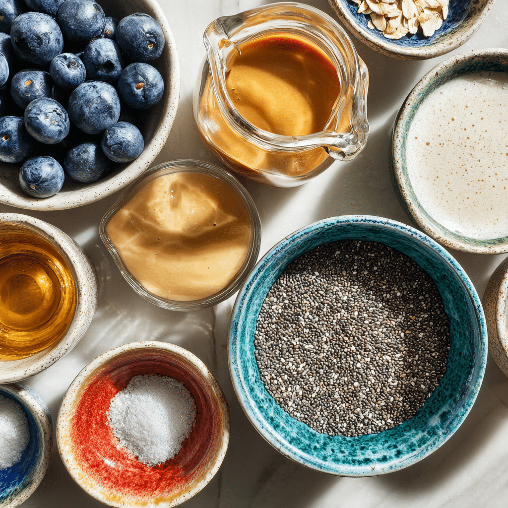 The Ultimate Protein Blueberry Peanut Butter Chia Pudding (Easy & Creamy) 11 chia pudding ingredients including blueberries, peanut butter, oat milk, protein powder, and chia seeds on white counter