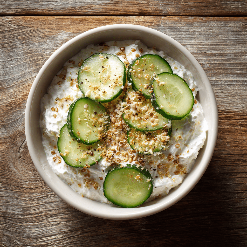 Cottage cheese with ground flaxseed and cucumber slices