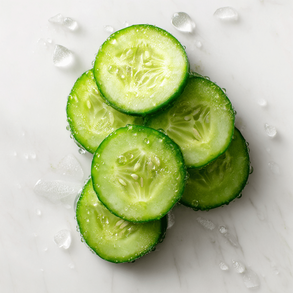 The Ultimate Cottage Cheese Bowl with Flaxseed and Cucumber 16 Fresh cucumber slices on a marble surface