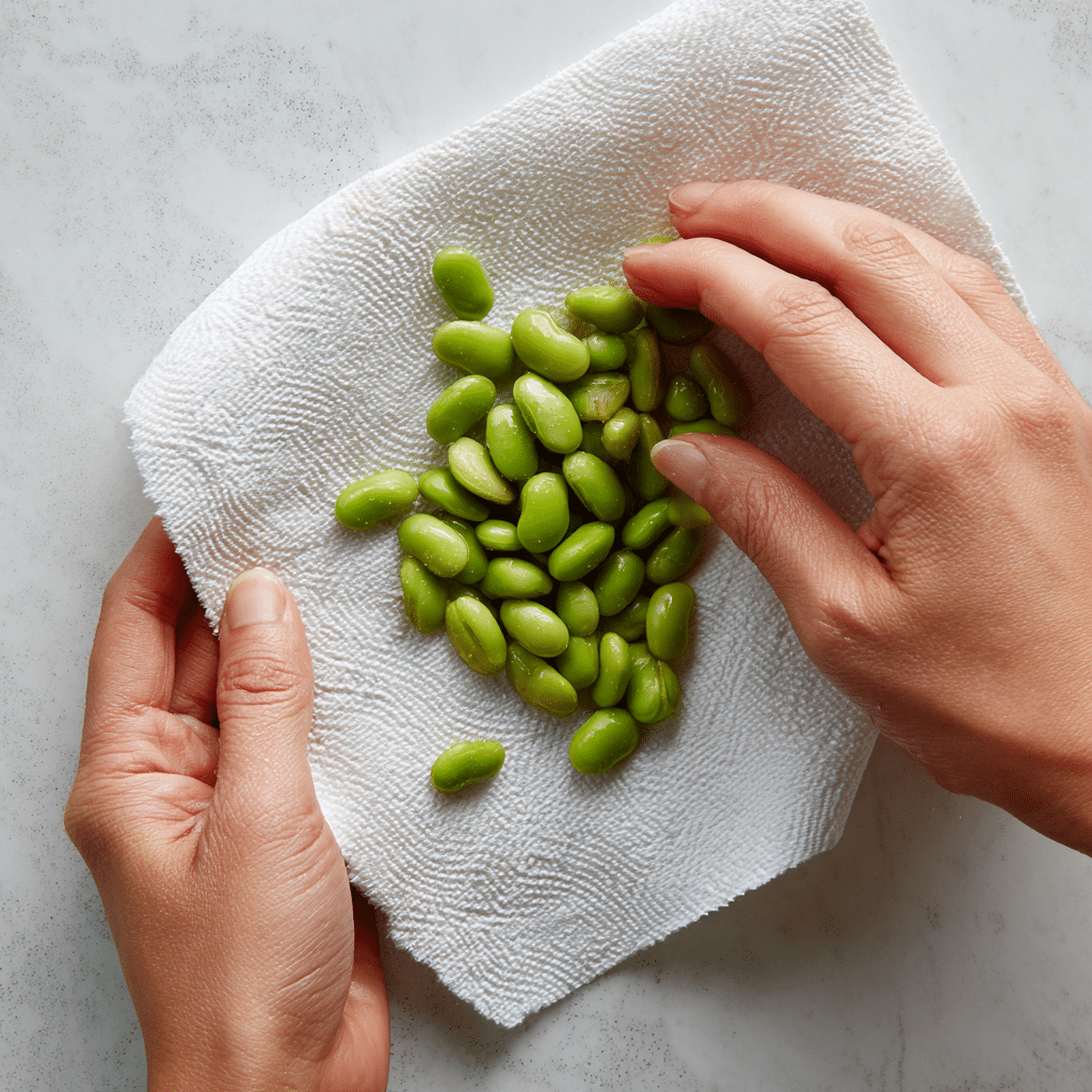 Perfectly Crispy Roasted Edamame with Sea Salt (2 Ways!) 15 drying shelled edamame on paper towel