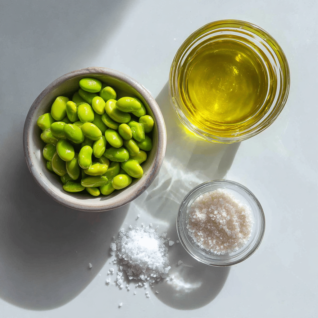 Perfectly Crispy Roasted Edamame with Sea Salt (2 Ways!) 14 edamame olive oil and sea salt on table