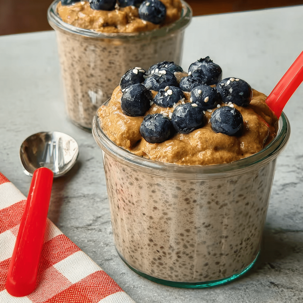 creamy protein blueberry peanut butter chia pudding in a jar topped with blueberries and peanut butter