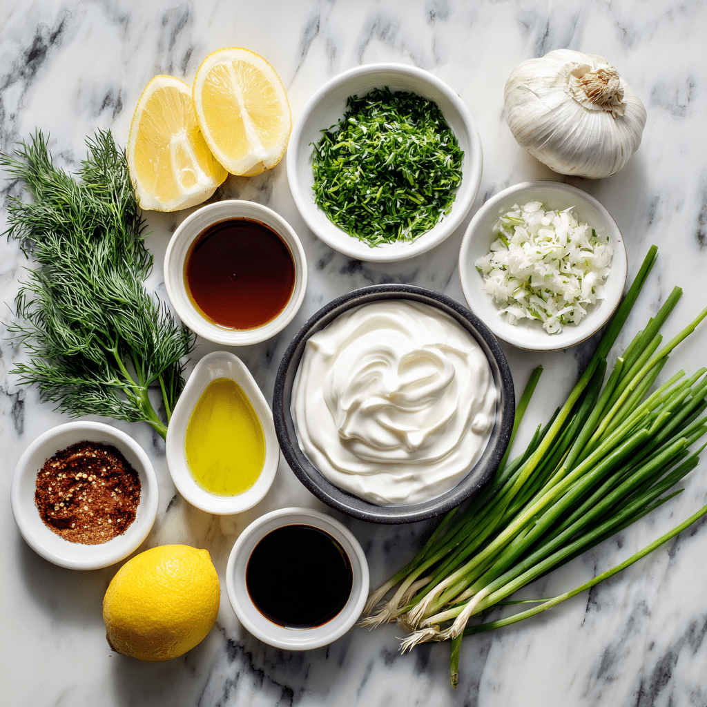 Savory Yogurt Veggie Dip Recipe That’s Bold and Creamy 14 Ingredients for savory yogurt veggie dip on marble surface