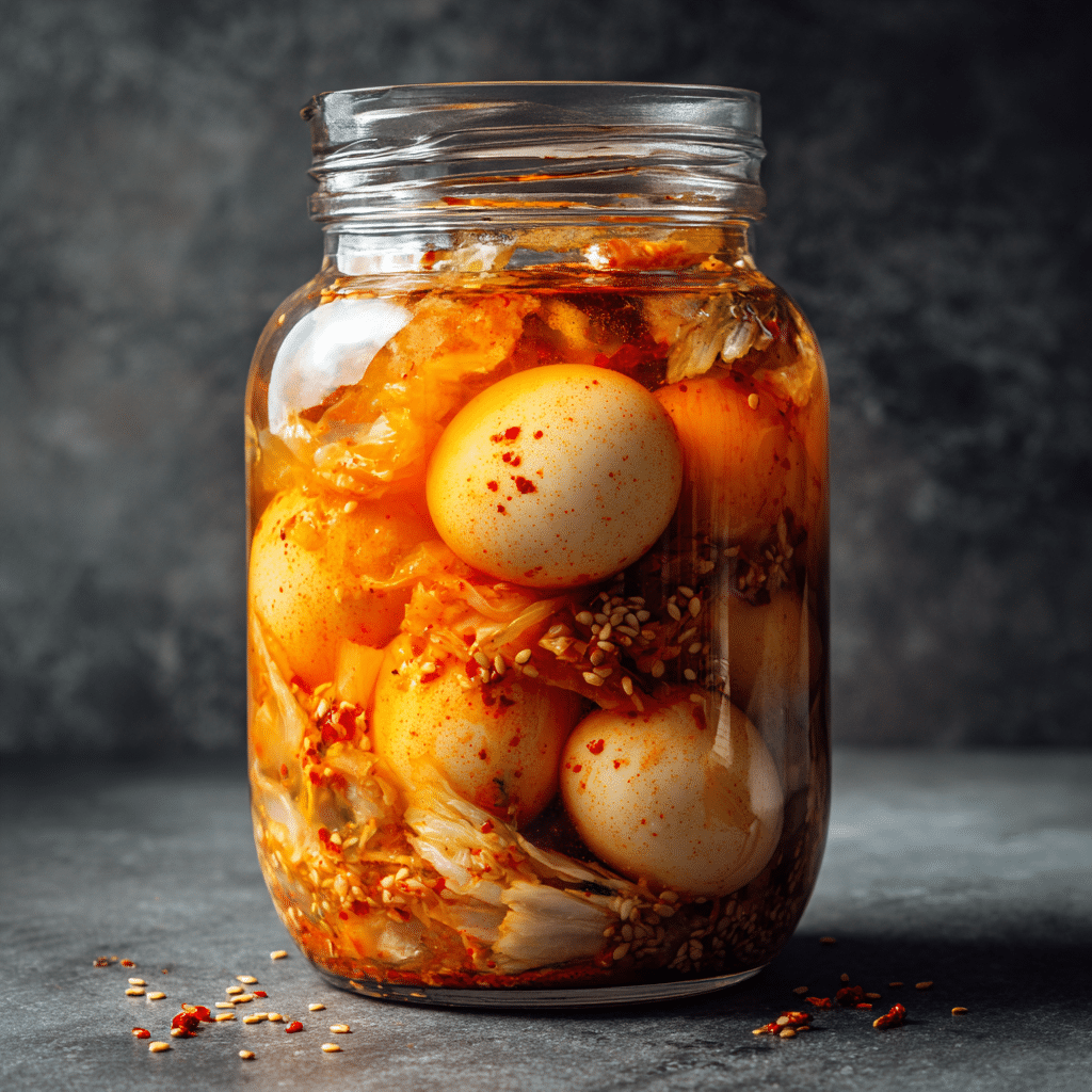 How to Make Perfect Pickled Eggs, Two Ways (Classic Beet & Spicy Kimchi) 11 Kimchi pickled eggs with spicy fermented brine