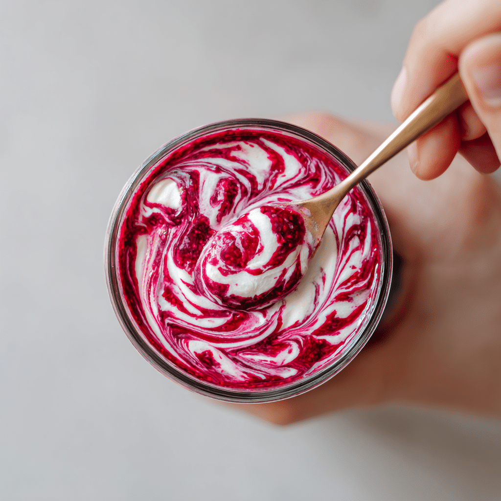 The Ultimate Greek Yogurt Bowl with 2-Ingredient Raspberry Chia Jam 19 Swirling raspberry chia jam into yogurt
