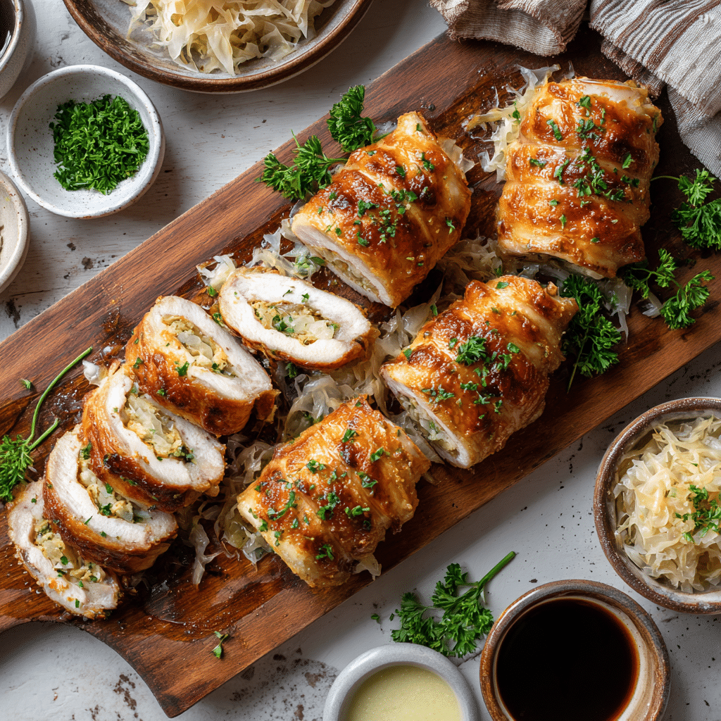 The Ultimate Turkey Roll-Ups with Sauerkraut (Easy Rachel Pinwheels) 10 Turkey roll-ups with sauerkraut served cold and warm
