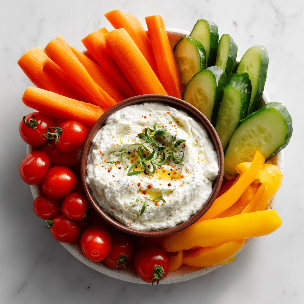 Savory Yogurt Veggie Dip Recipe That’s Bold and Creamy 17 Veggie tray with savory yogurt dip in center bowl