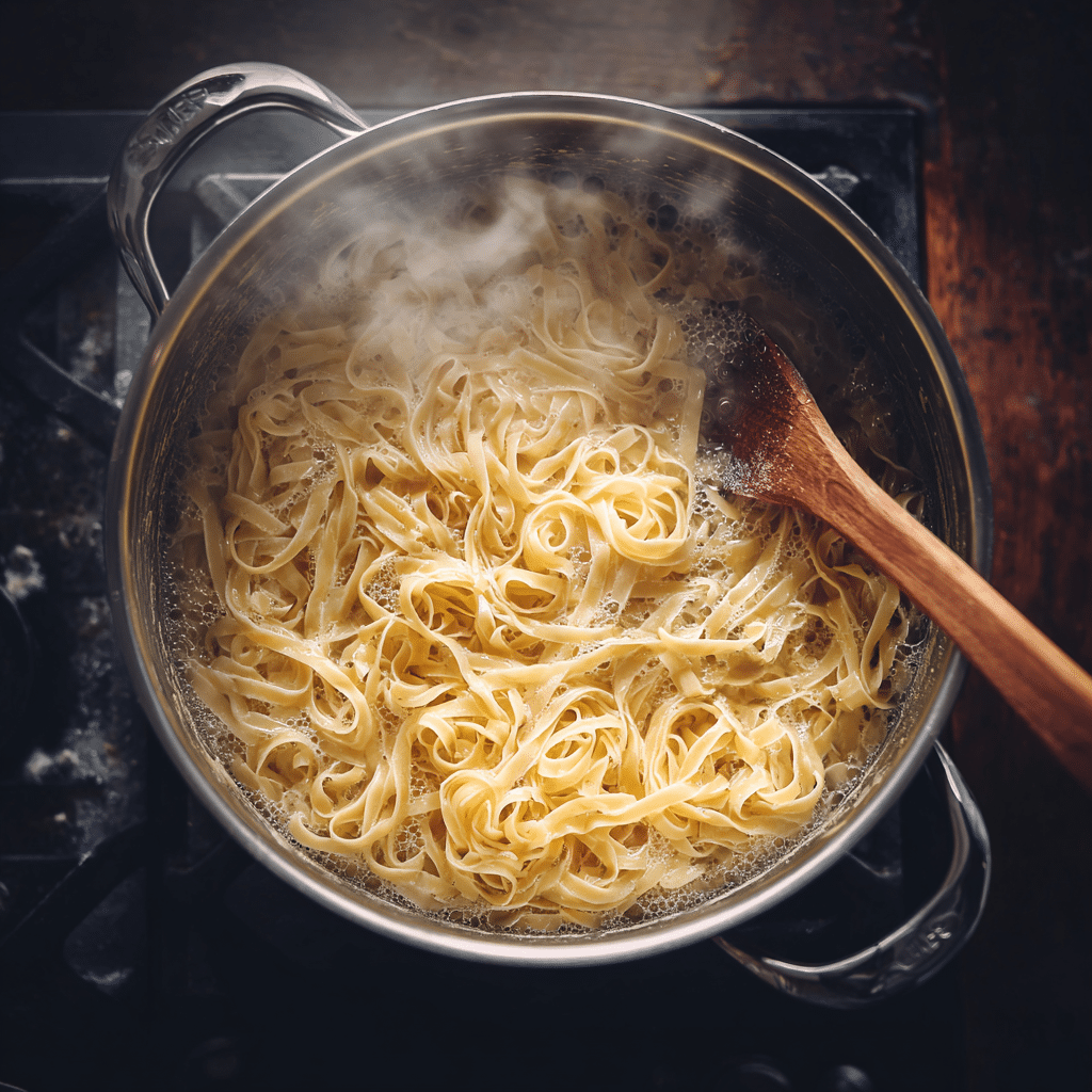 The Best Creamy Lemon Herb Pasta You'll Ever Make 15 Fettuccine boiling in a pot of salted water with steam
