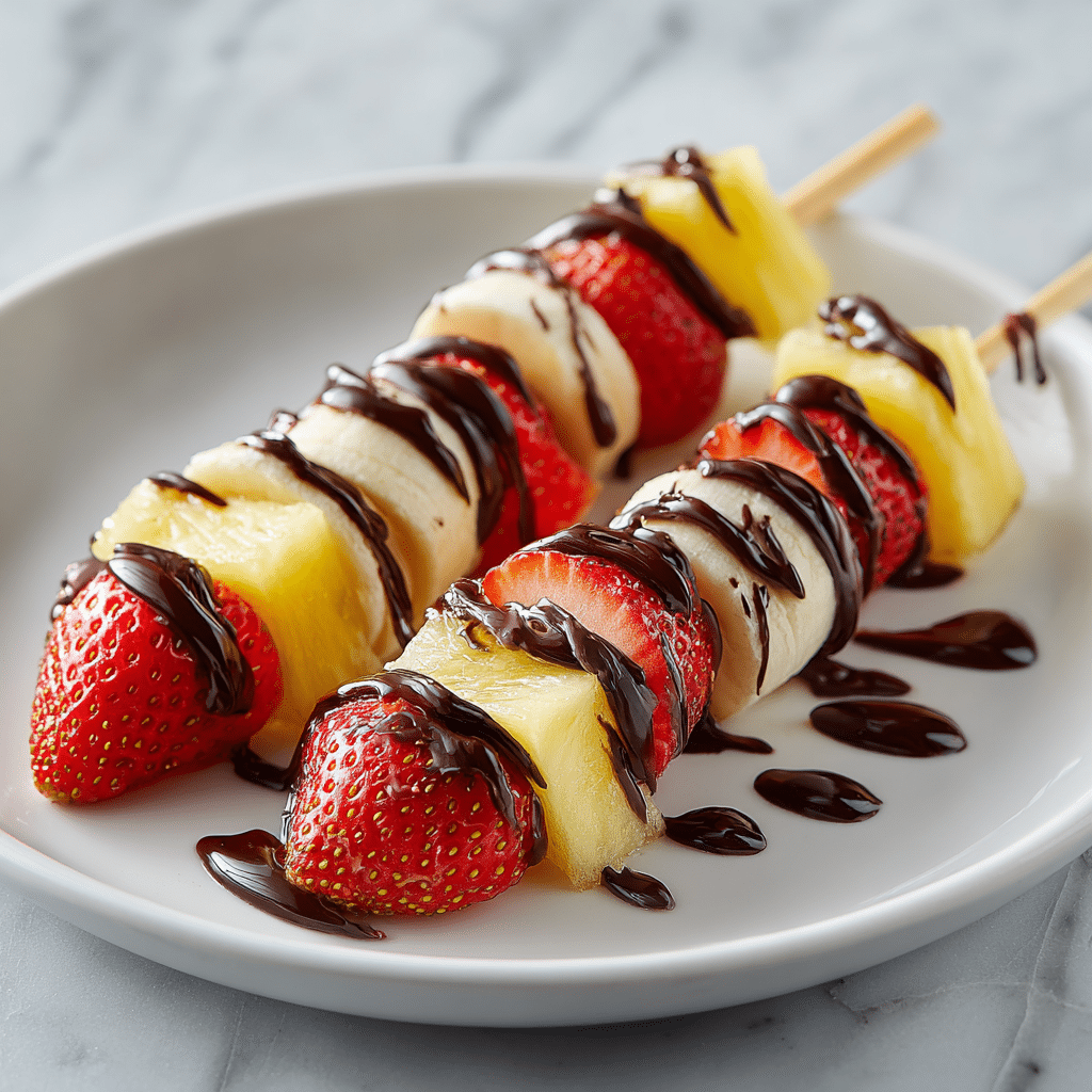 The Ultimate Guide to 15-Minute Dinner Recipes with Chocolate (Savory Dinners and Quick Desserts) 16 Fruit skewers with strawberries, pineapple, bananas, drizzled with chocolate