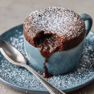 Chocolate lava mug cake with molten center and powdered sugar