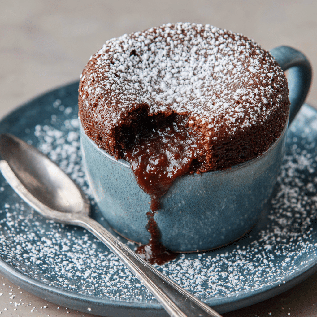 The Ultimate Guide to 15-Minute Dinner Recipes with Chocolate (Savory Dinners and Quick Desserts) 14 Chocolate lava mug cake with molten center and powdered sugar