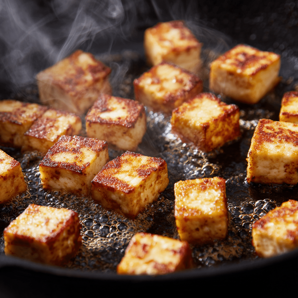 My 15 Go-To Healthy Weeknight Tofu Dinners (Quick, Easy & Delicious) 15 Crispy tofu cooking in a skillet