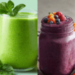 The Ultimate Guide to Gut-Friendly Smoothie Packs (Recipes & The Easiest Solution) 8 Green Soother and Berry Biotic Blast smoothies in glass jars