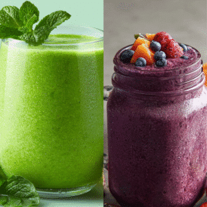 The Ultimate Guide to Gut-Friendly Smoothie Packs (Recipes & The Easiest Solution) 1 Green Soother and Berry Biotic Blast smoothies in glass jars