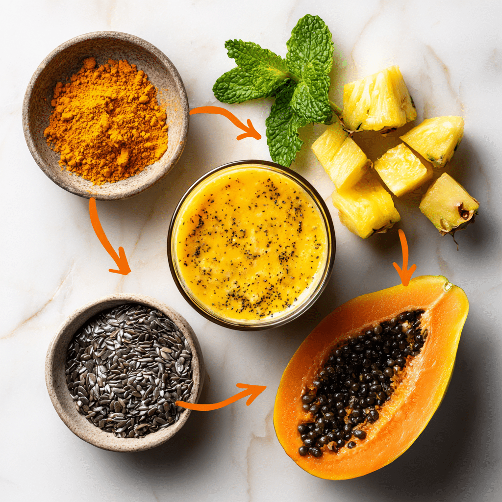 The Ultimate Guide to Gut-Friendly Smoothie Packs (Recipes & The Easiest Solution) 9 Gut-friendly smoothie ingredients labeled