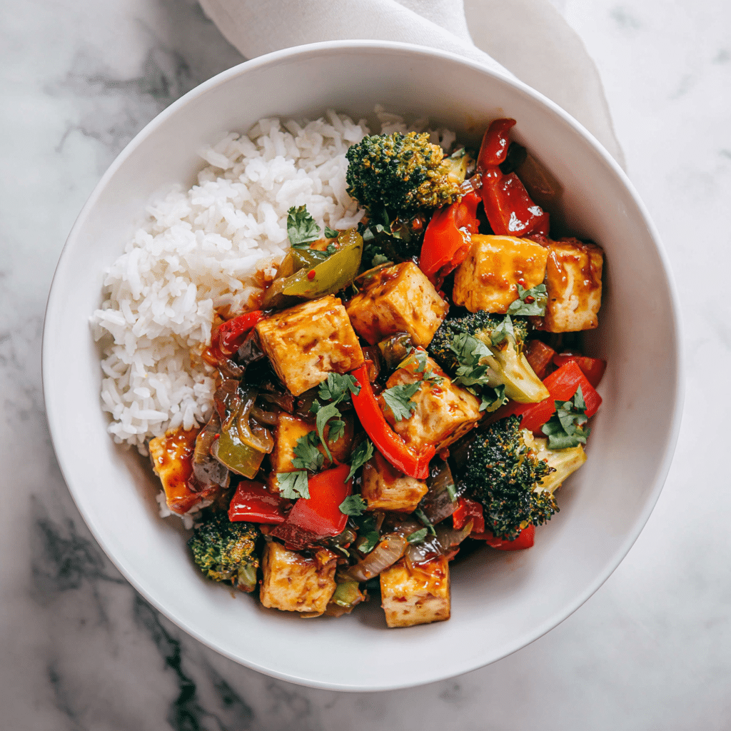 Healthy tofu stir-fry bowl for weeknight dinner