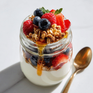 Healthy yogurt parfait cup with berries and granola