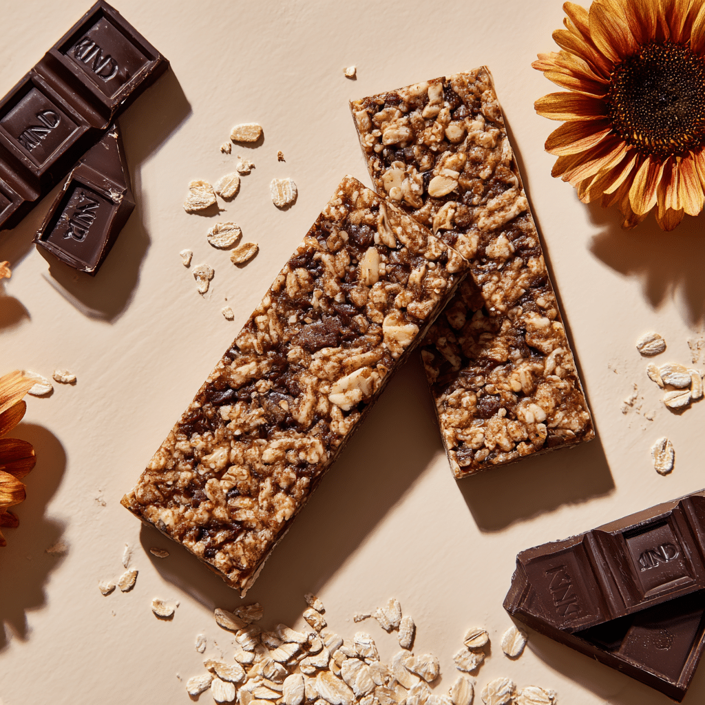 KIND Bars with Prebiotic Fiber: An Honest Look at What’s Inside 1 KIND Bars with prebiotic fiber on table with oats and chocolate