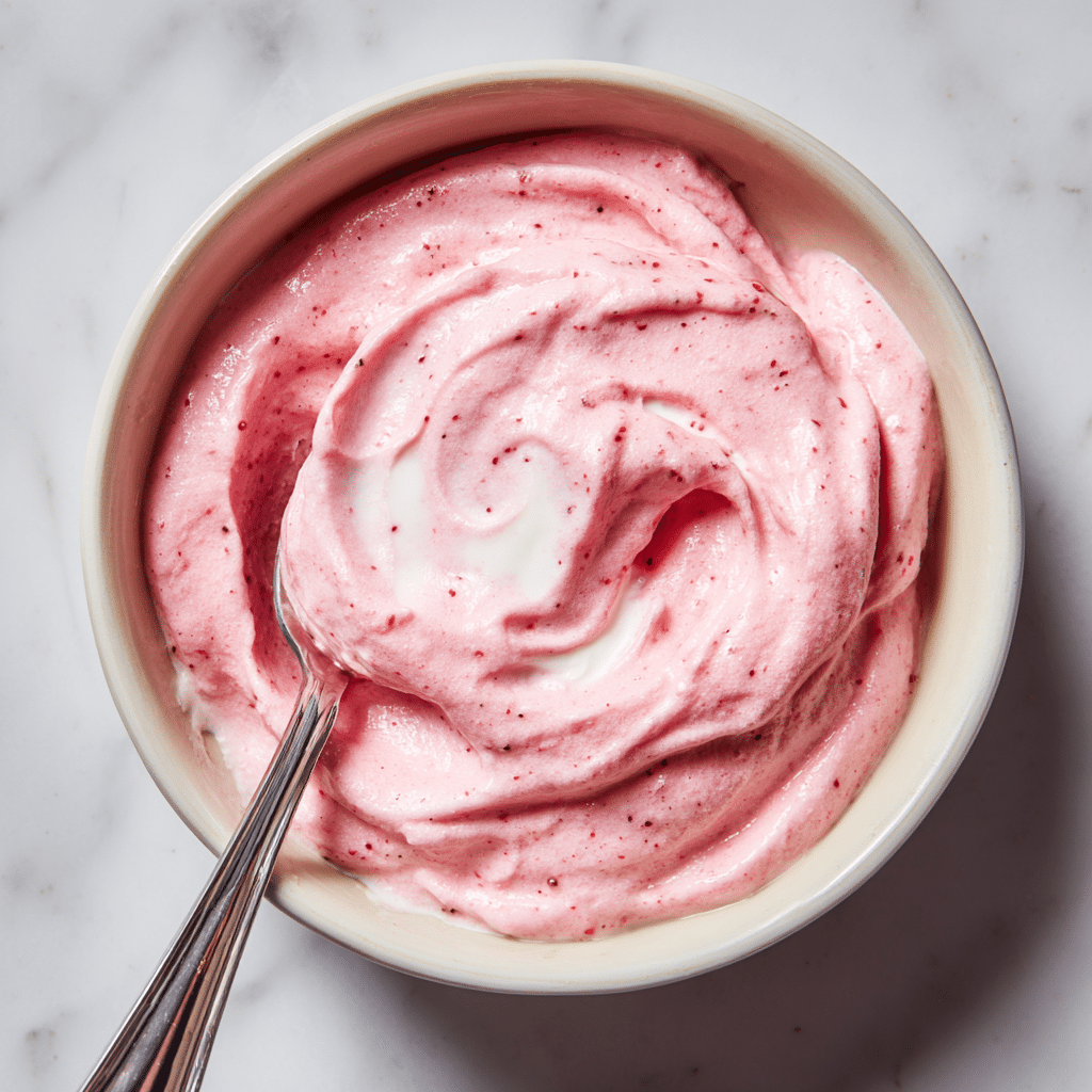 The Creamiest Strawberry Frozen Yogurt Bites 15 Mixing Greek yogurt and strawberry puree in a bowl