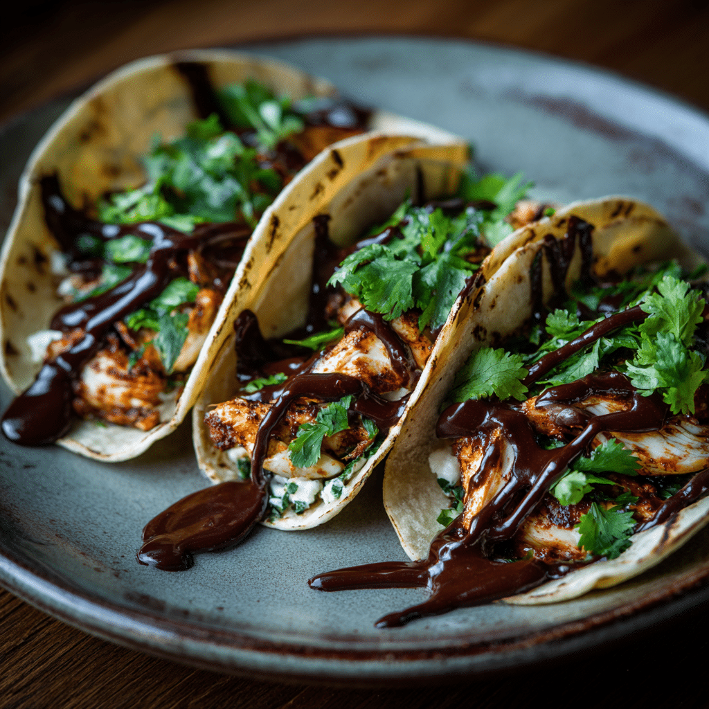 The Ultimate Guide to 15-Minute Dinner Recipes with Chocolate (Savory Dinners and Quick Desserts) 12 Mole-inspired chicken tacos with dark chocolate sauce and fresh cilantro