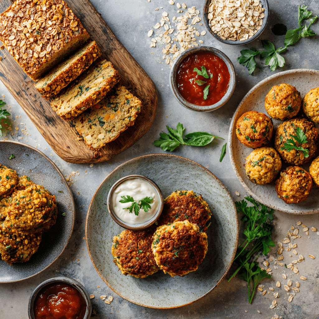 13 Low-Cost Dinners Using Oats (That Actually Taste Amazing) 12 oat-loaf, veggie burgers, chicken oat-balls, and vegetable patties on table