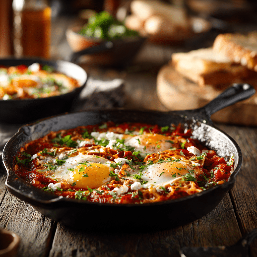 One-pot shakshuka in cast iron skillet with poached eggs and herbs, steaming hot