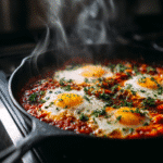 12 One-Pot Egg Dinners for Your Busiest Nights (Ready in 30 Mins!) 6 One-pot Egg Dinners shakshuka with poached eggs simmering in tomato sauce in cast iron skillet