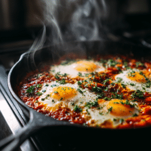 12 One-Pot Egg Dinners for Your Busiest Nights (Ready in 30 Mins!) 1 One-pot Egg Dinners shakshuka with poached eggs simmering in tomato sauce in cast iron skillet