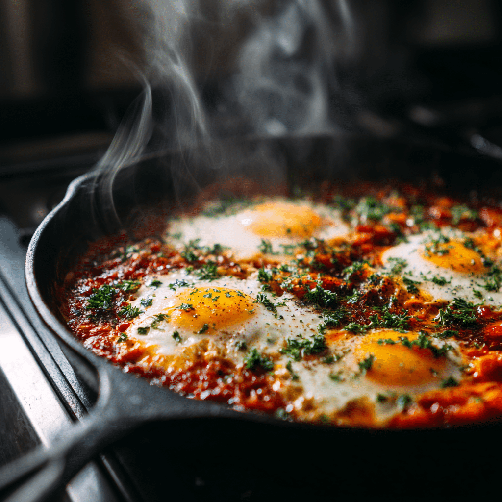 12 One-Pot Egg Dinners for Your Busiest Nights (Ready in 30 Mins!) 8 One-pot shakshuka with poached eggs simmering in tomato sauce in cast iron skillet