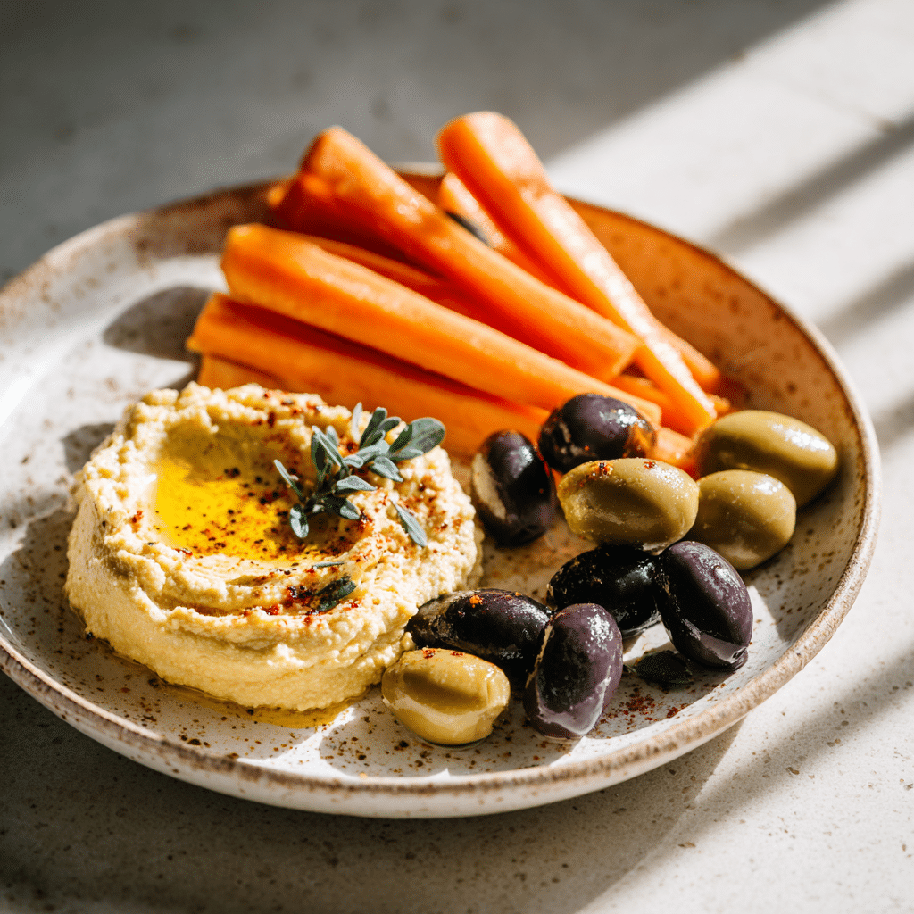 The Perfect Hummus with Carrot Sticks and Olives (Easy Recipe) 21 plated hummus snack