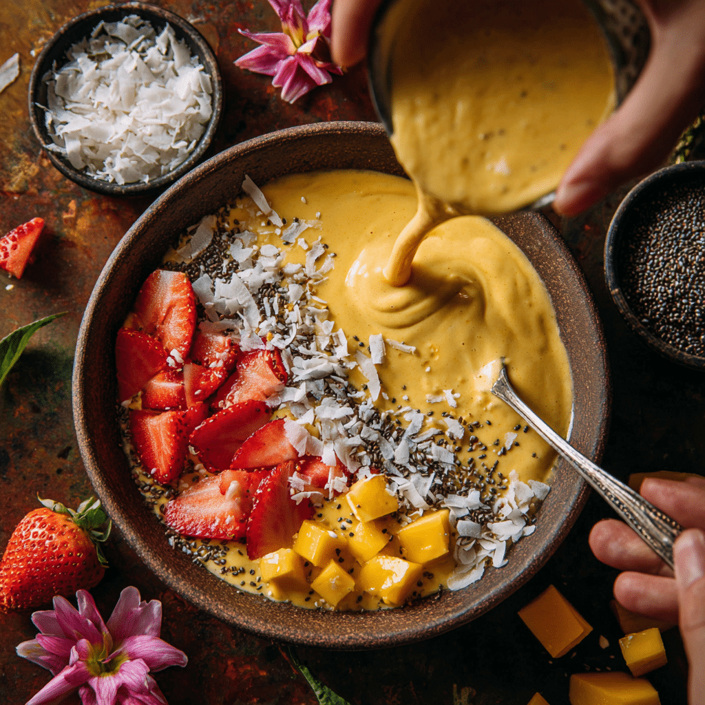 Mango Yogurt Smoothie Bowl Recipe (Easy, Creamy & Healthy) 20 pouring mango smoothie into bowl and adding toppings