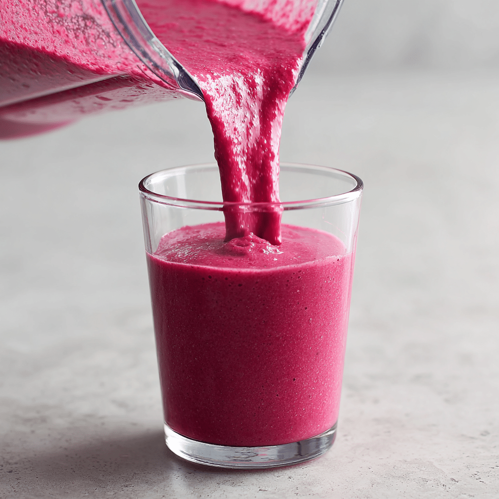 The Ultimate Protein-Packed Berry Kefir Smoothie 10 Pouring berry kefir smoothie into glass