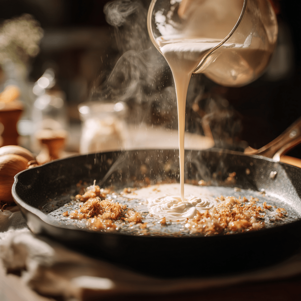 The Best Creamy Lemon Herb Pasta You'll Ever Make 17 Heavy cream being poured into a pan with garlic and shallots