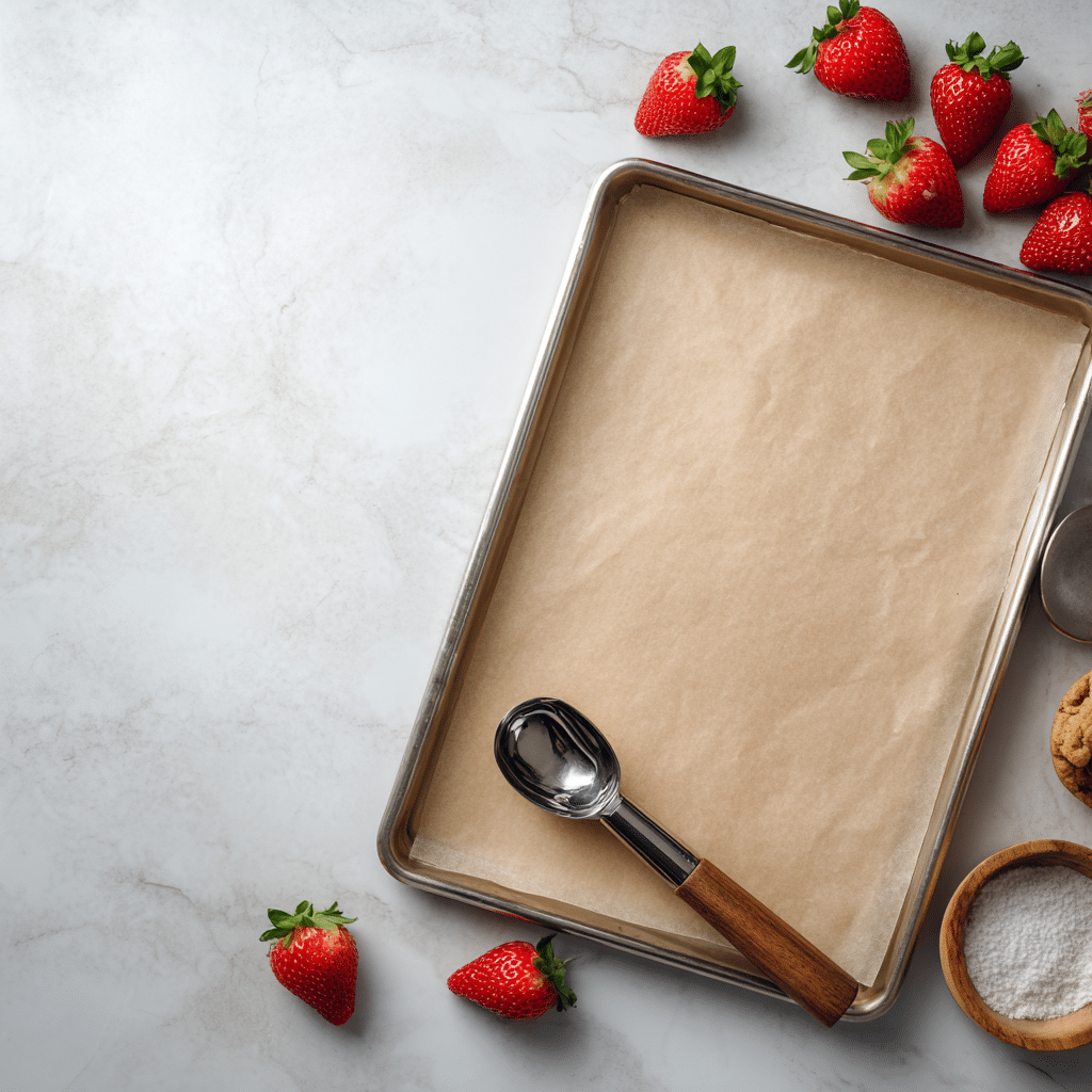 The Creamiest Strawberry Frozen Yogurt Bites 13 Lined tray with parchment paper ready for strawberry yogurt bites
