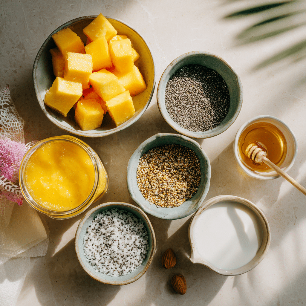 Mango Yogurt Smoothie Bowl Recipe (Easy, Creamy & Healthy) 16 mango smoothie bowl ingredients prepared on wooden surface