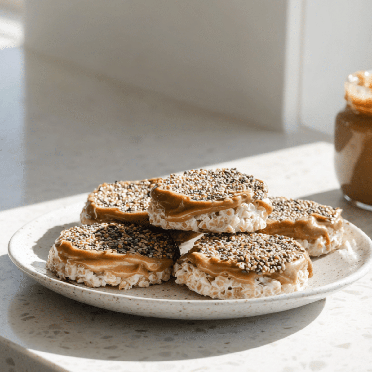 Rice cakes with almond butter and crushed chia seeds