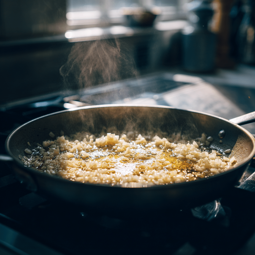 The Best Creamy Lemon Herb Pasta You'll Ever Make 16 Garlic and shallots sautéing in olive oil in a skillet