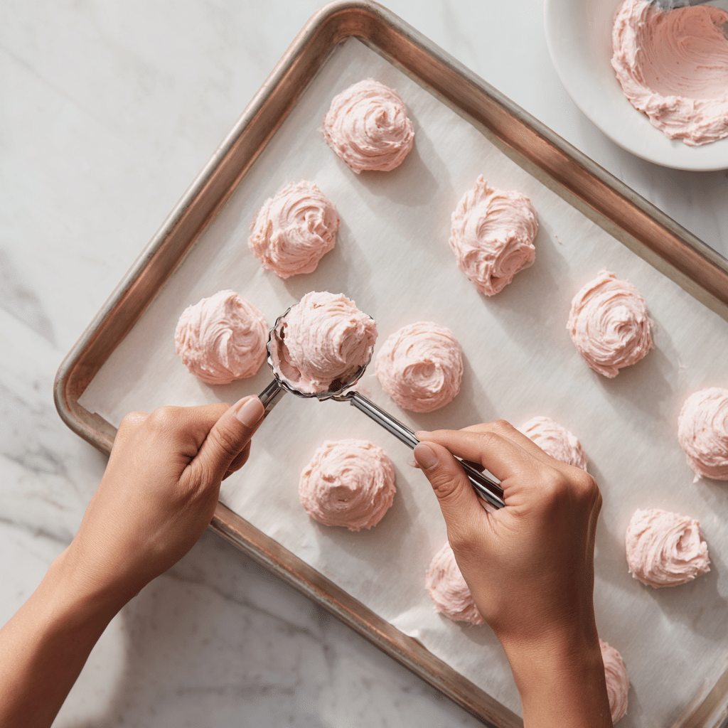 The Creamiest Strawberry Frozen Yogurt Bites 16 Scooping strawberry yogurt mixture onto tray