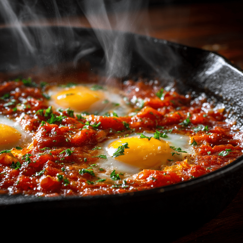 12 One-Pot Egg Dinners for Your Busiest Nights (Ready in 30 Mins!) 7 Poached eggs cooking in tomato sauce with steam and herbs