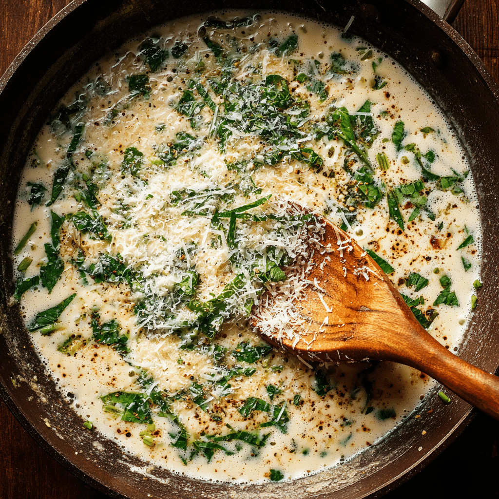 The Best Creamy Lemon Herb Pasta You'll Ever Make 19 Parmesan and herbs stirred into creamy sauce in pan