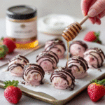The Creamiest Strawberry Frozen Yogurt Bites 12 Strawberry frozen yogurt bites recipe served on tray with chocolate drizzle