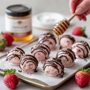 The Creamiest Strawberry Frozen Yogurt Bites 2 Strawberry frozen yogurt bites recipe served on tray with chocolate drizzle